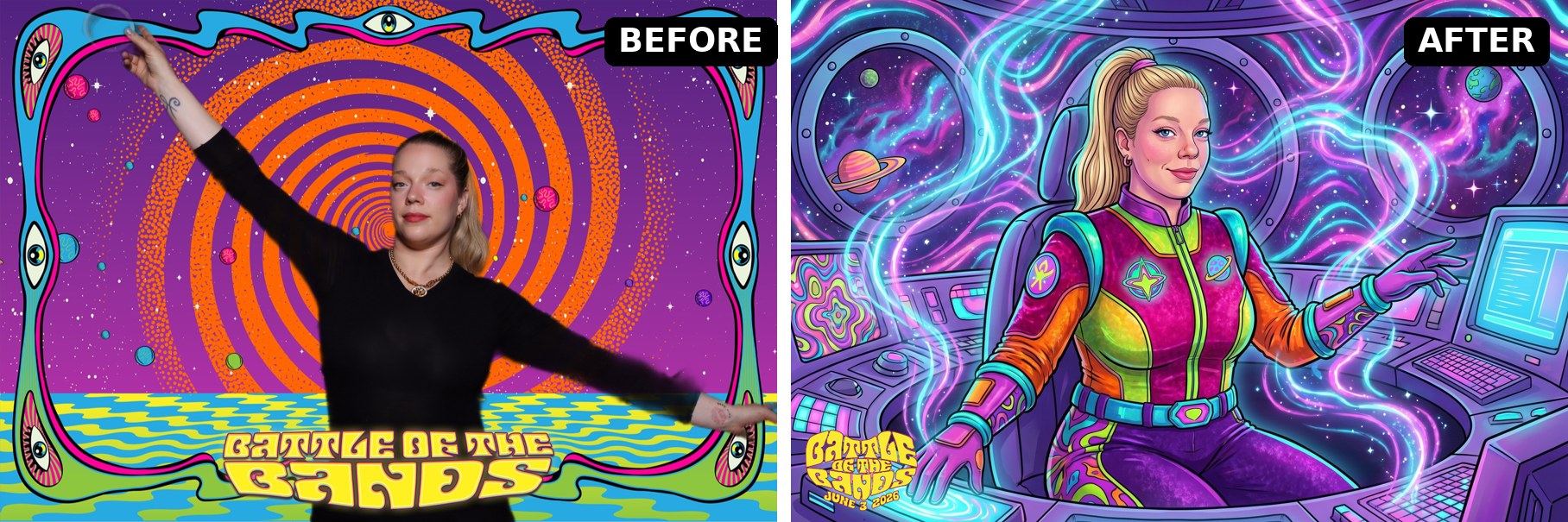 AI photo booth before and after at Beatdapp's Battle of the Bands in Vancouver: a photo on the themed backdrop transformed into a psychedelic spaceship pilot