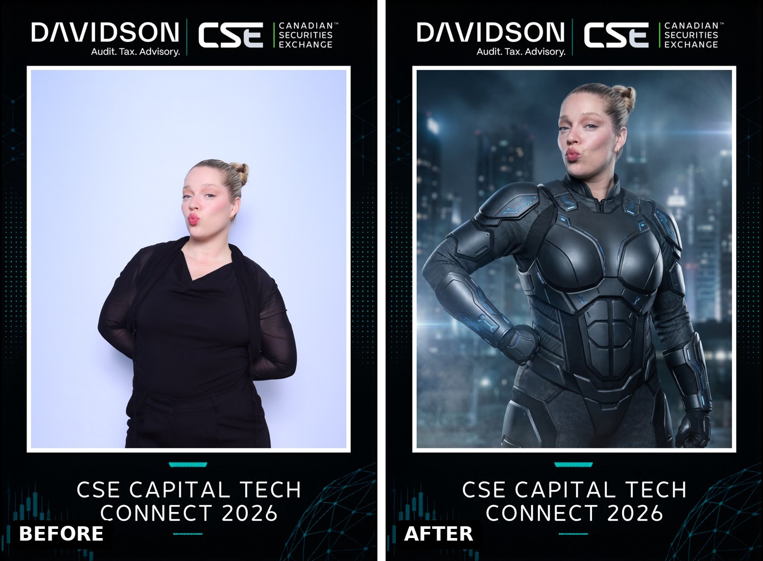 AI photo booth before and after at CSE Capital Tech Connect 2026: guest transformed into futuristic armour with Davidson and CSE branding