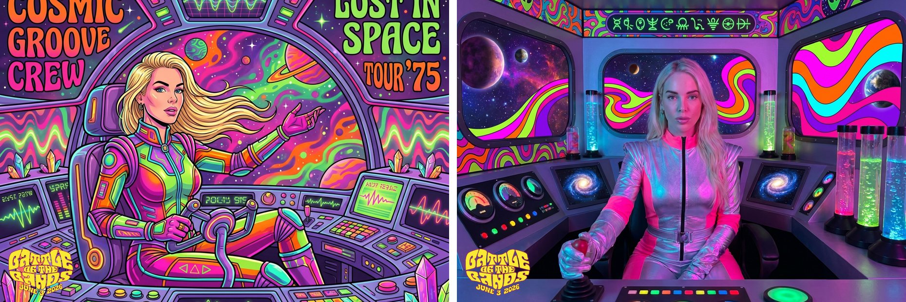 AI photo booth spaceship themes at Beatdapp's Battle of the Bands: Cosmic Groove Crew tour poster and psychedelic spaceship cockpit