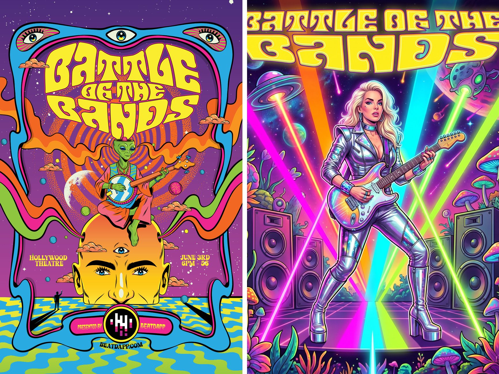 Beatdapp's Battle of the Bands event poster next to an AI photo booth rock star portrait in the same psychedelic style