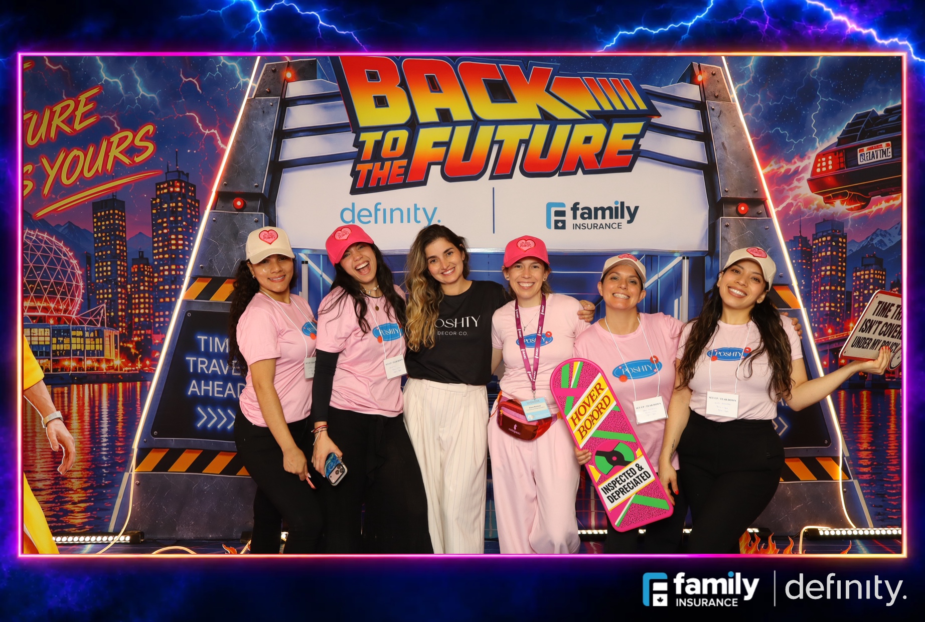 Metallic print of the Poshty Decor team from the IBABC Back to the Future photo booth, branded for Family Insurance and Definity