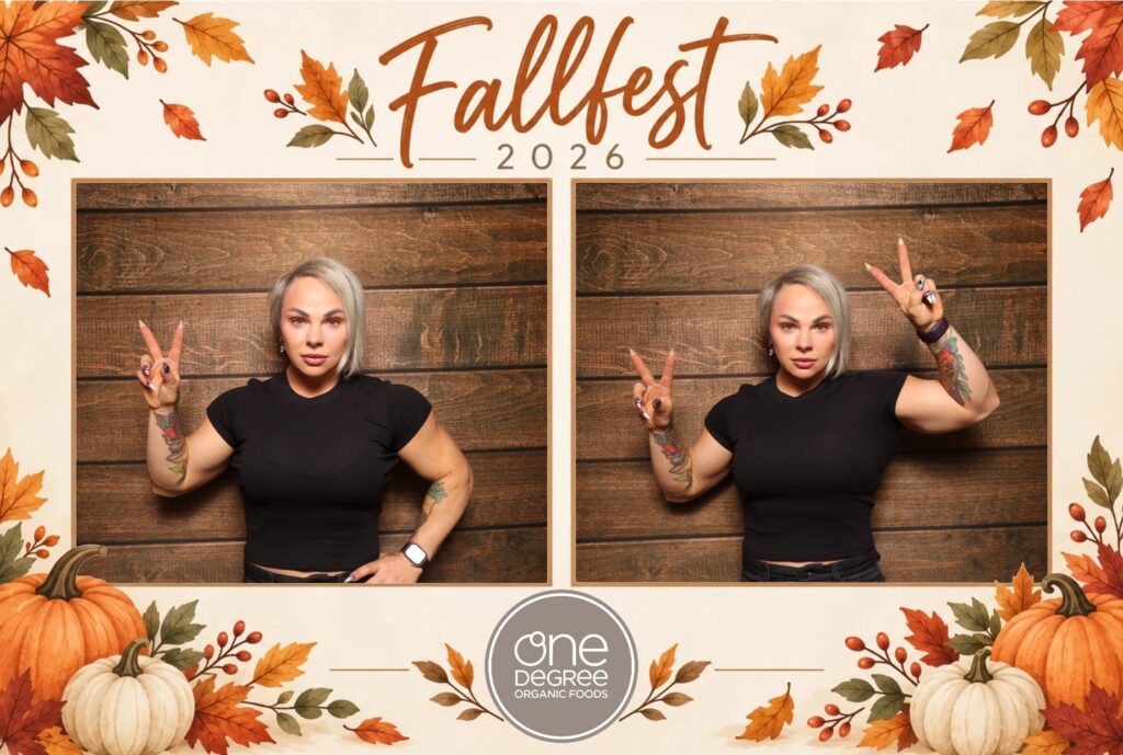 One Degree Organic Foods Fallfest 2026 photo booth print with fall leaves, pumpkins and logo