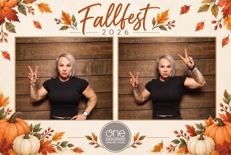 One Degree Organic Foods Fallfest 2026 photo booth print with fall leaves, pumpkins and logo