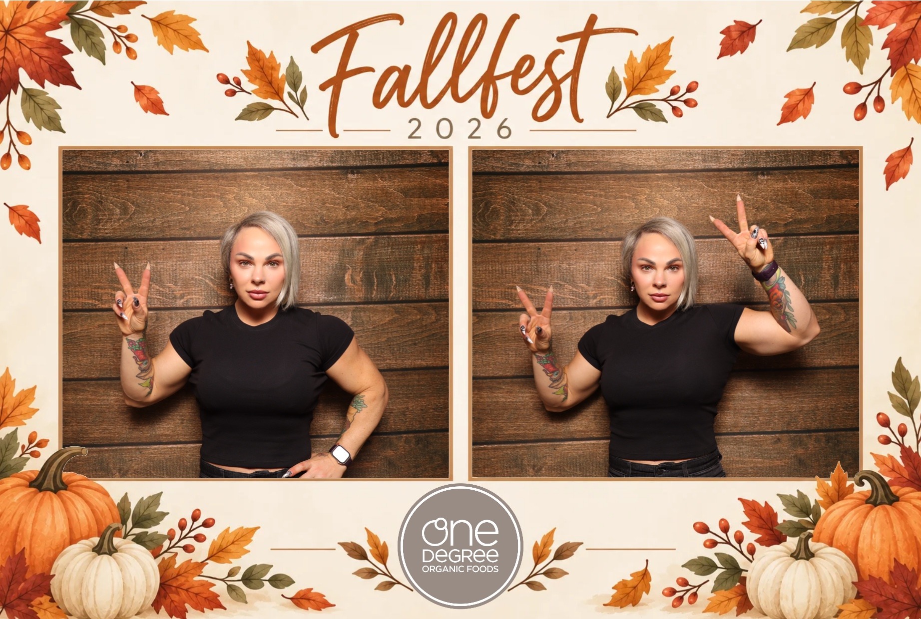 One Degree Organic Foods Fallfest 2026 photo booth print with fall leaves, pumpkins and logo