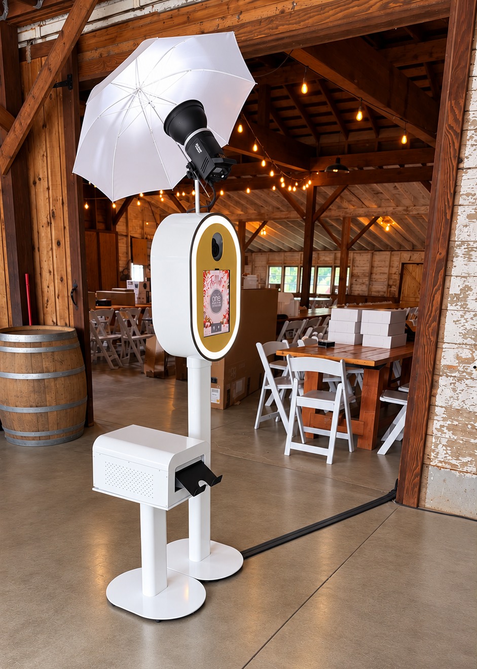 Photo booth with the One Degree Organic Foods Fallfest 2026 start screen, set up in the barn at Maan Farms in Abbotsford